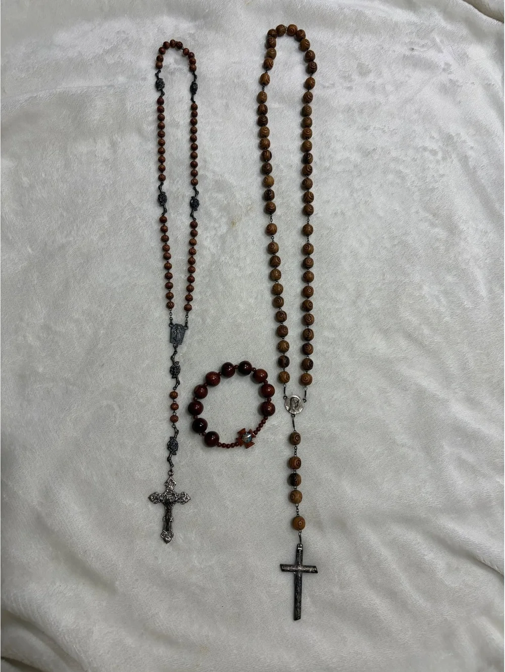 Set of 2 vintage rosaries wood and silver pleated St. Benedict wood bracelet